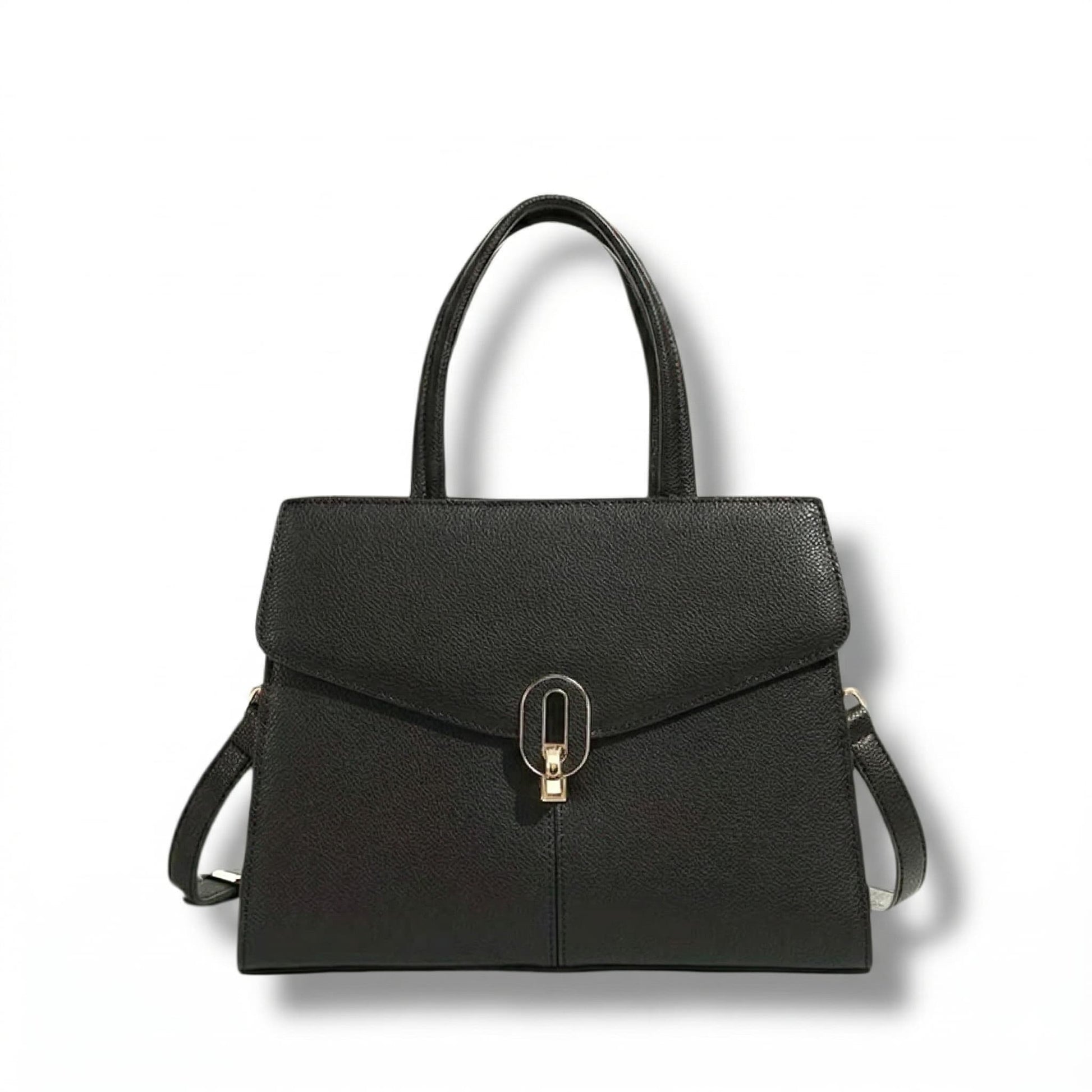 Madison structured handbag by Adedamola Atelier – black luxury faux-leather shoulder bag with gold-tone lock detail, Edmonton Canada