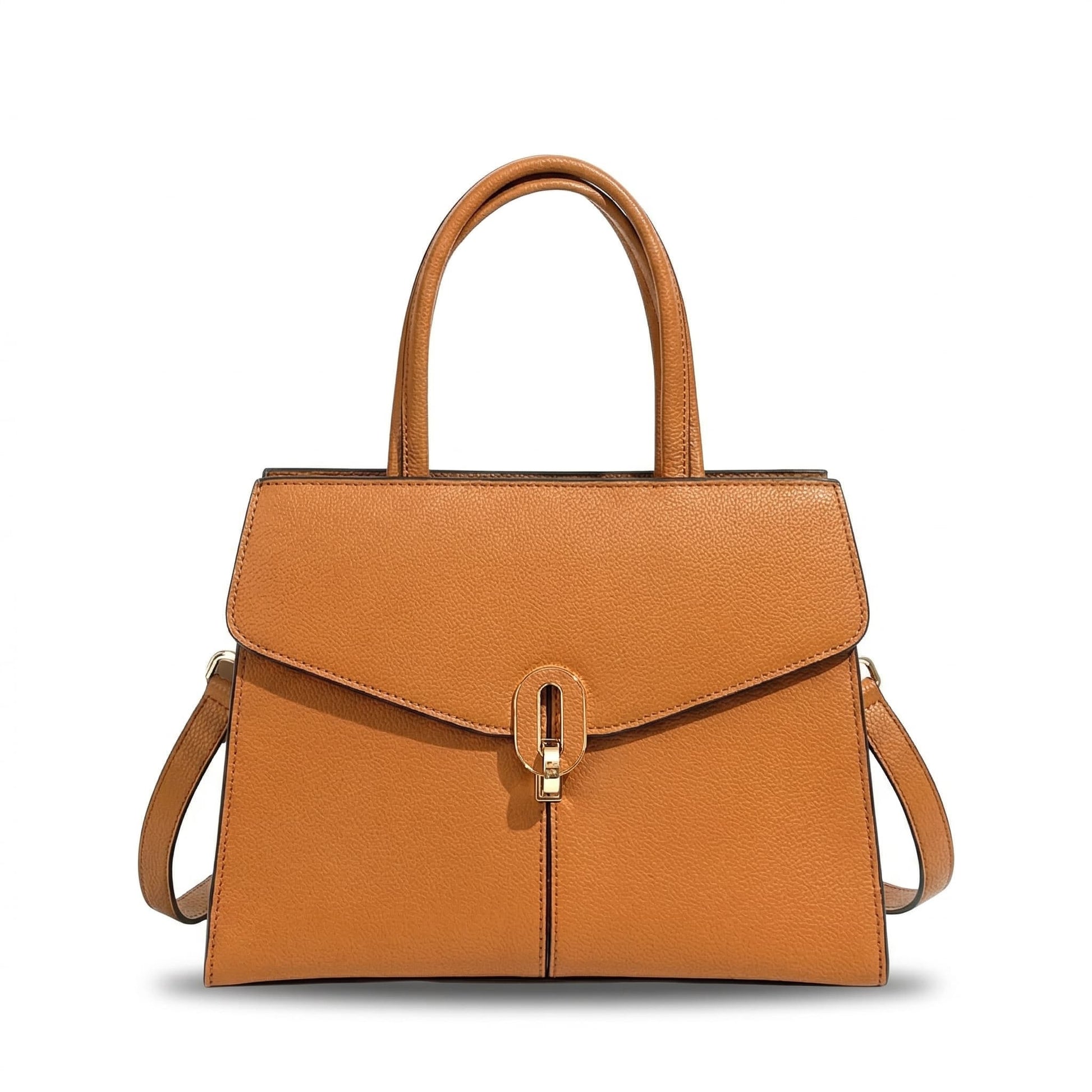 Madison structured handbag by Adedamola Atelier – camel brown luxury faux-leather shoulder bag with gold-tone lock detail, Edmonton Canada