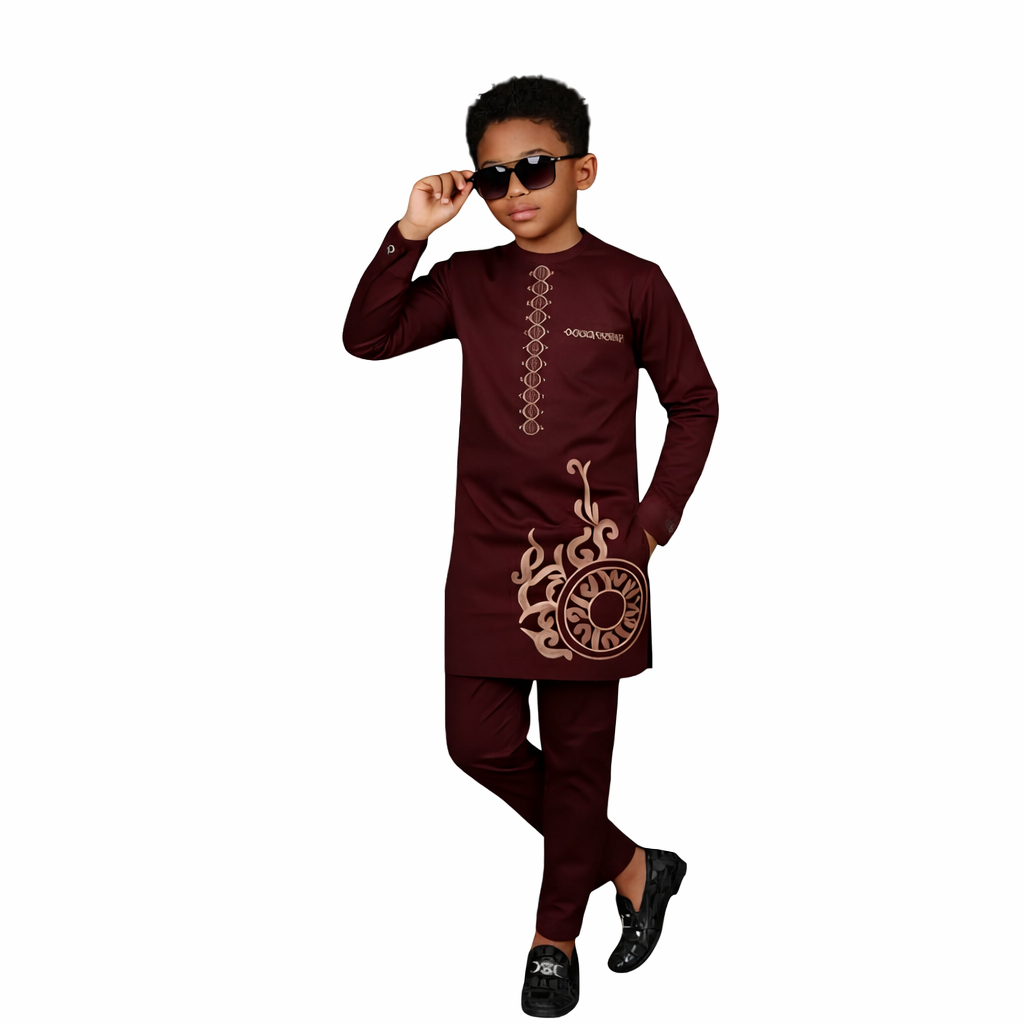 OBA Boys Wine African 2-Piece Set detail - boys African outfit wine embroidery Adedamola Atelier Edmonton Canada