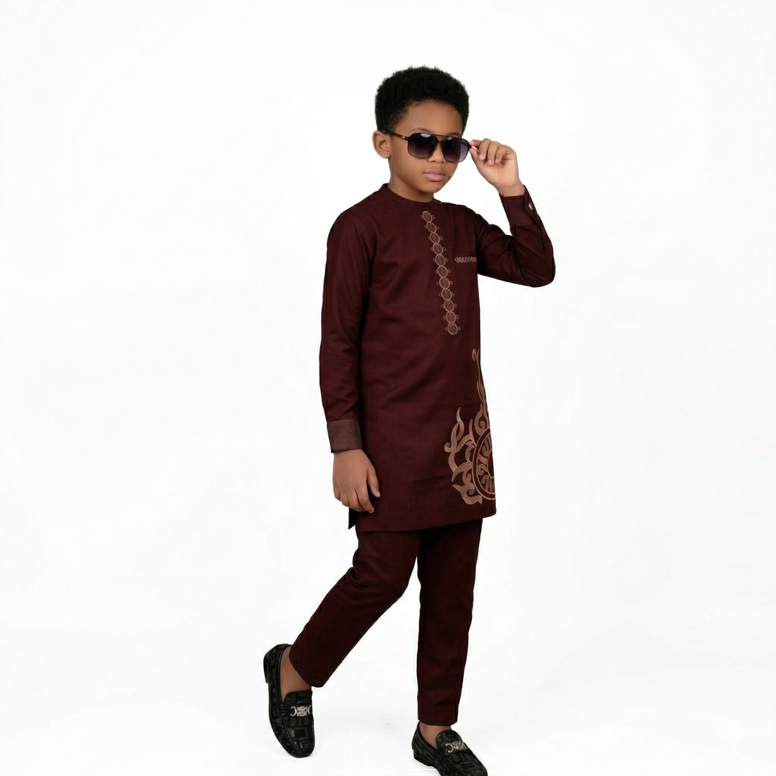 OBA Boys Wine African 2-Piece Set detail - boys African outfit wine embroidery Adedamola Atelier Edmonton Canada