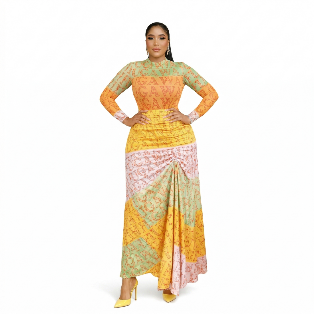 OLAYEMI African Print Maxi Dress - Long Sleeve Fitted Stretch Gown in Gold Green and Pink by Adedamola Atelier - Front View