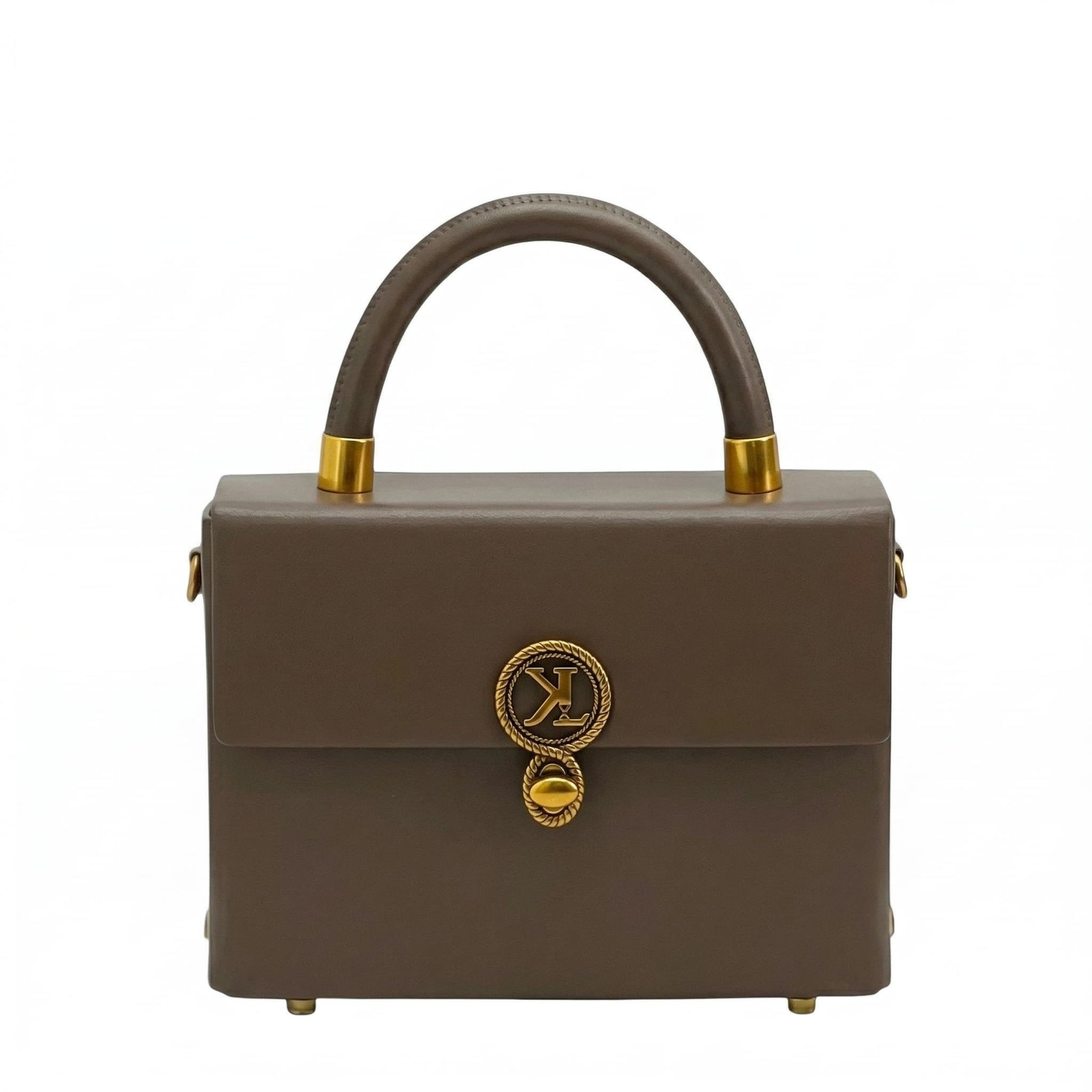 Royale mini trunk bag by Adedamola Atelier – chocolate brown structured vegan leather crossbody with gold twist-lock hardware, Edmonton Canada