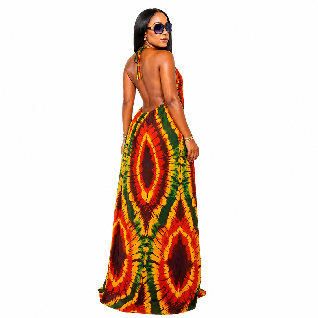 The Adore Glow | Open-Back Halter Maxi Gown | African Wax Print Polyester Beach & Summer Dress | Edmonton & Canada