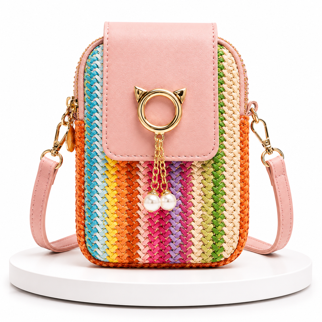 Woven Straw Crossbody Phone Bag – Cat Charm Pearl Detail | Boho Mini Purse