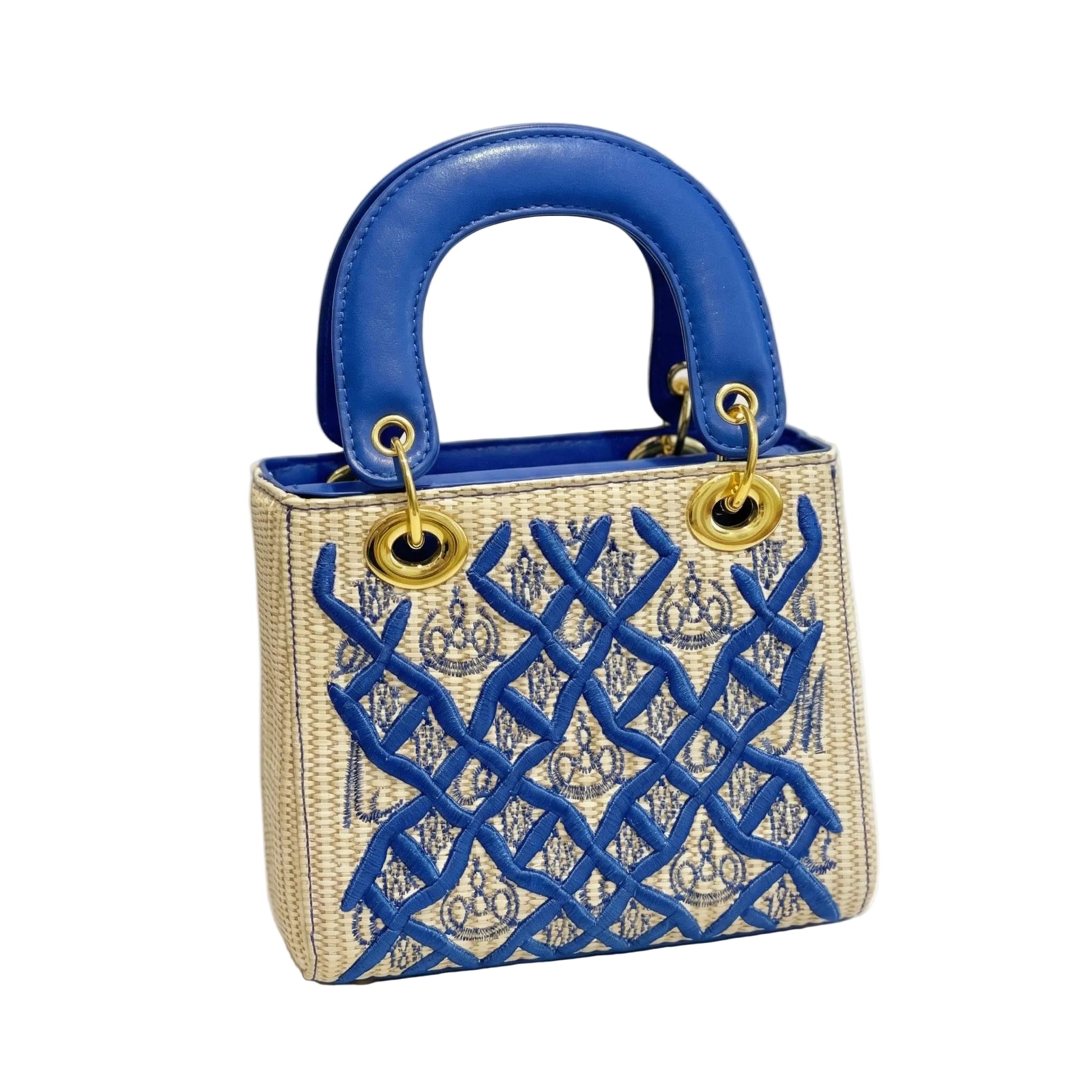 Woven mini shoulder bag from Heritage Collection by Adedamola Atelier – royal blue woven handbag with gold ring handle, Edmonton Canada
