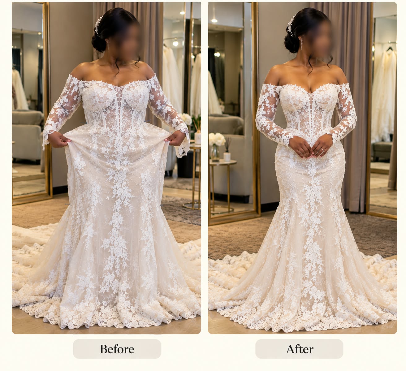 AI-generated design illustration of a fitted off-the-shoulder lace wedding gown with long sleeves and a train. Not an actual client result.