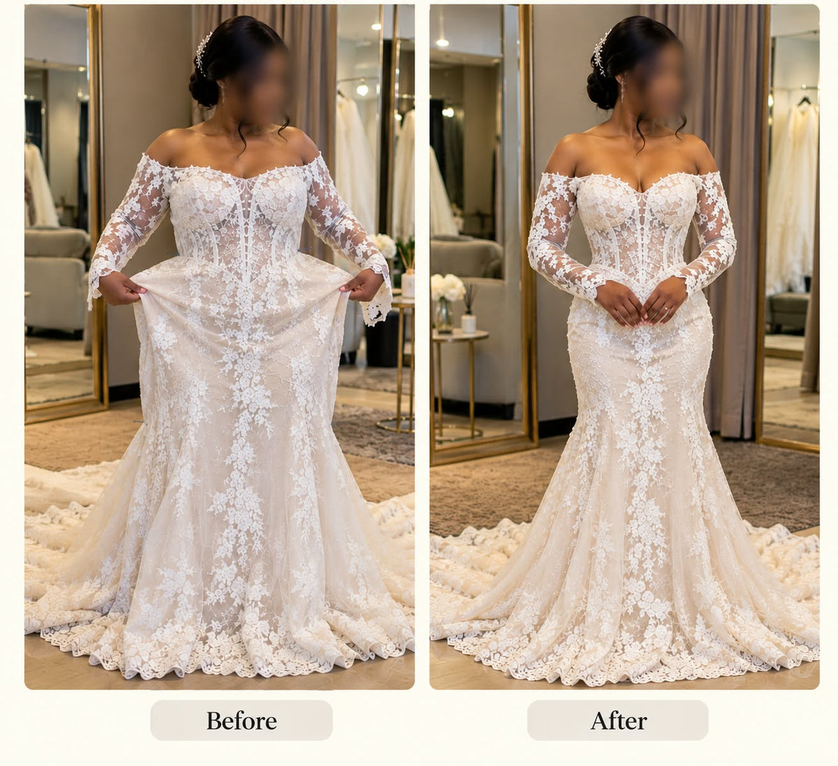 AI-generated design illustration of a fitted off-the-shoulder lace wedding gown with long sleeves and a train. Not an actual client result.
