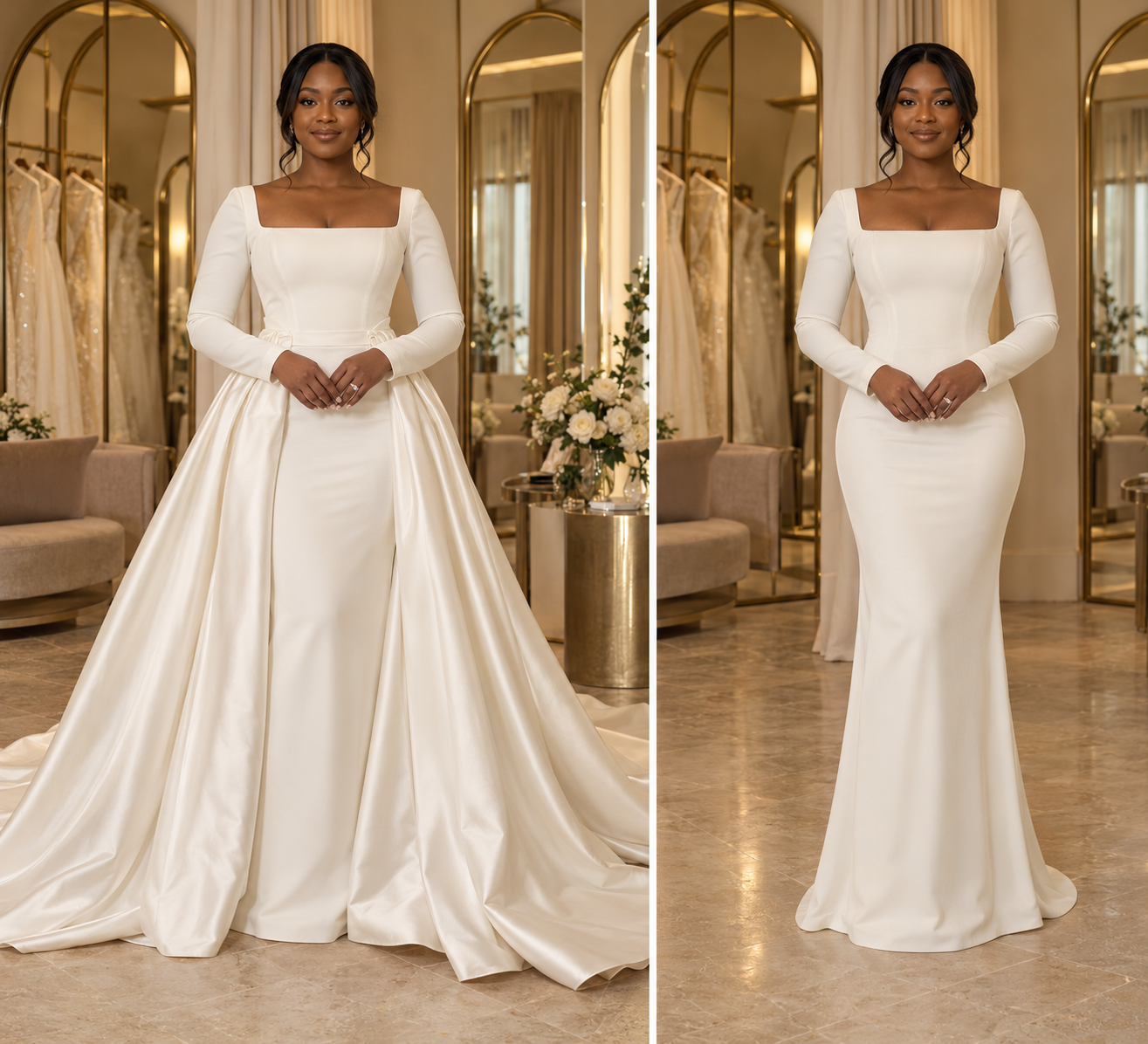 AI-generated design concept of a woman wearing an ivory wedding gown with a square neckline, long sleeves and a full overskirt. Not an actual client result.