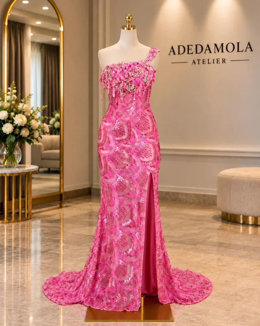 Pink embellished gown on a headless dress form in Adedamola Atelier