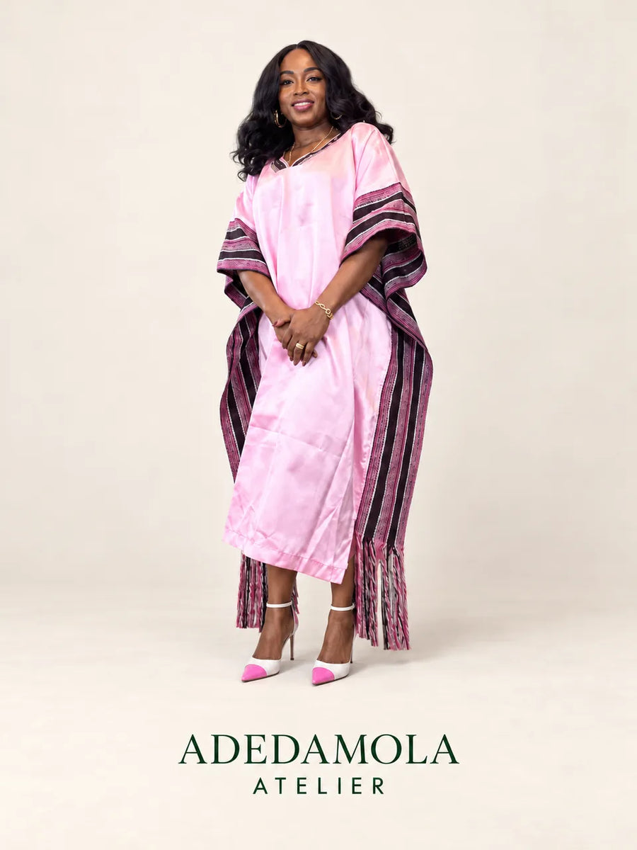 Model wearing a pink occasion outfit from Adedamola Atelier
