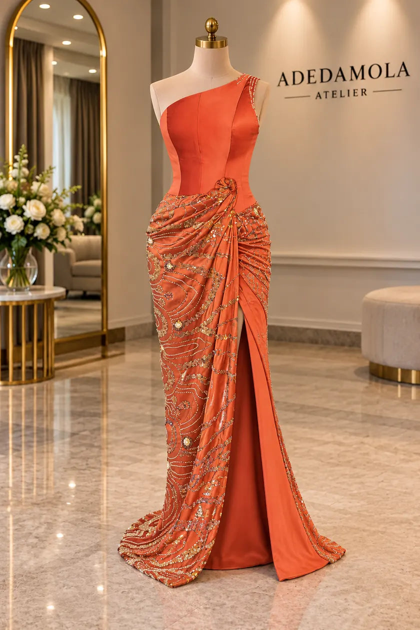 Orange couture gown on a headless dress form in Adedamola Atelier