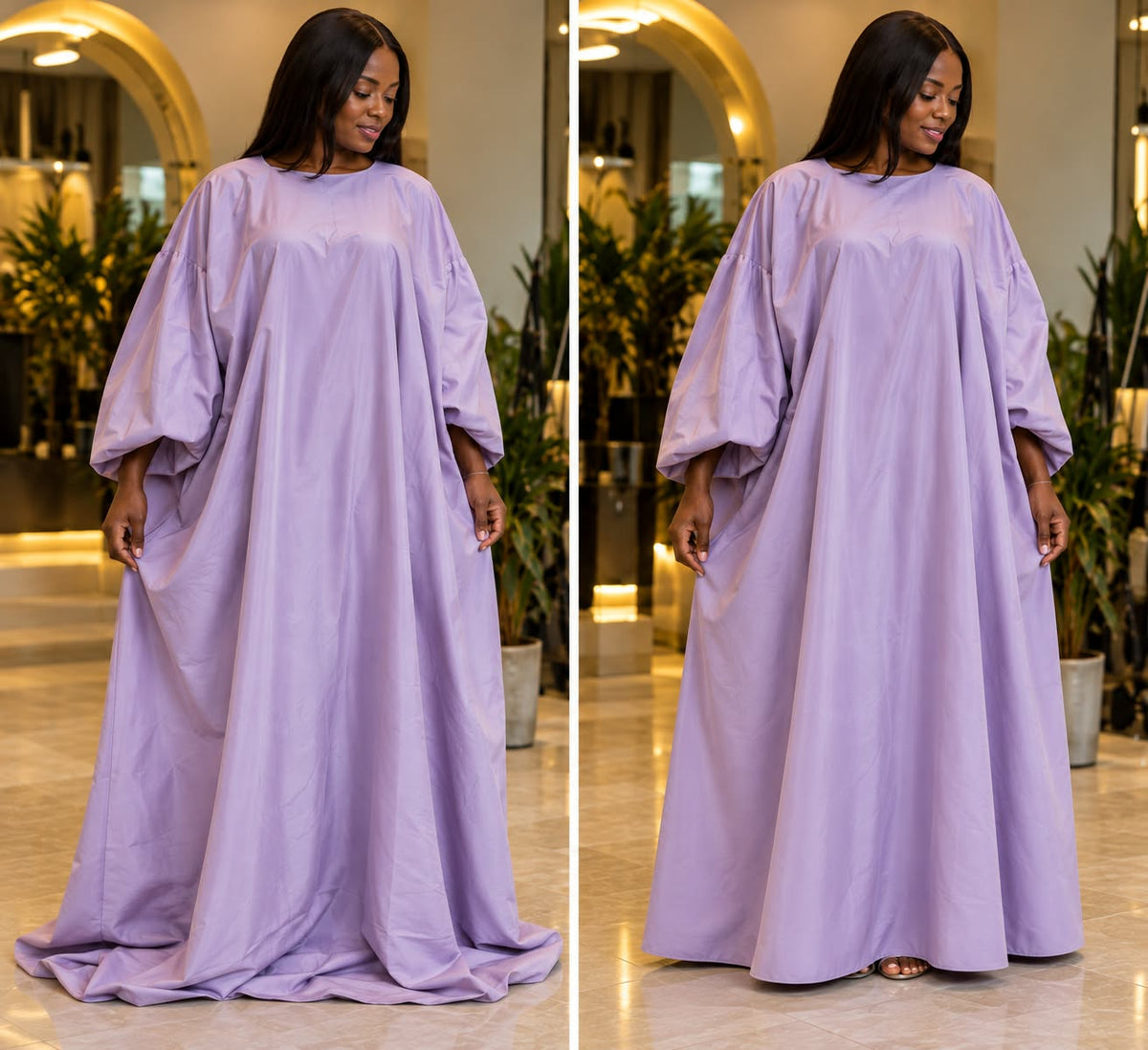 AI illustration: a lavender dress pooling on the floor on the left, and an example of a shorter hem with the toes visible on the right.