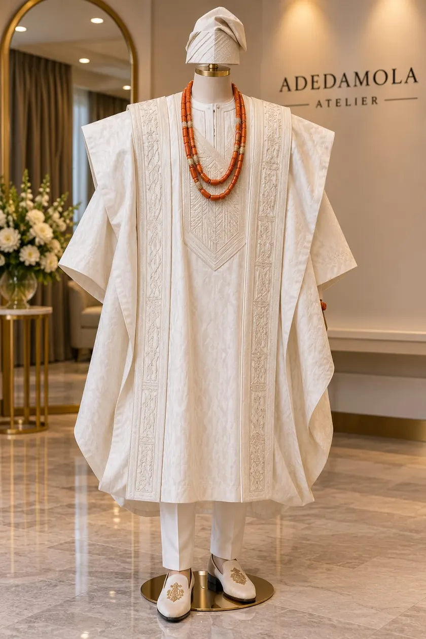 Ivory groom outfit on a headless dress form in Adedamola Atelier