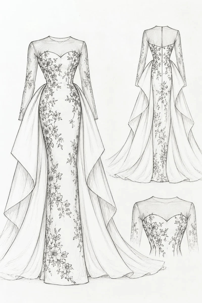 Pencil sketch showing front, back and bodice details of a floral occasion gown with sheer sleeves and a flowing train.