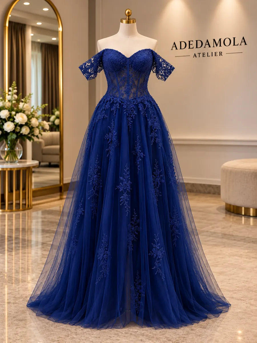 Full-length sapphire blue off-shoulder corset bridal gown with layered tulle skirt