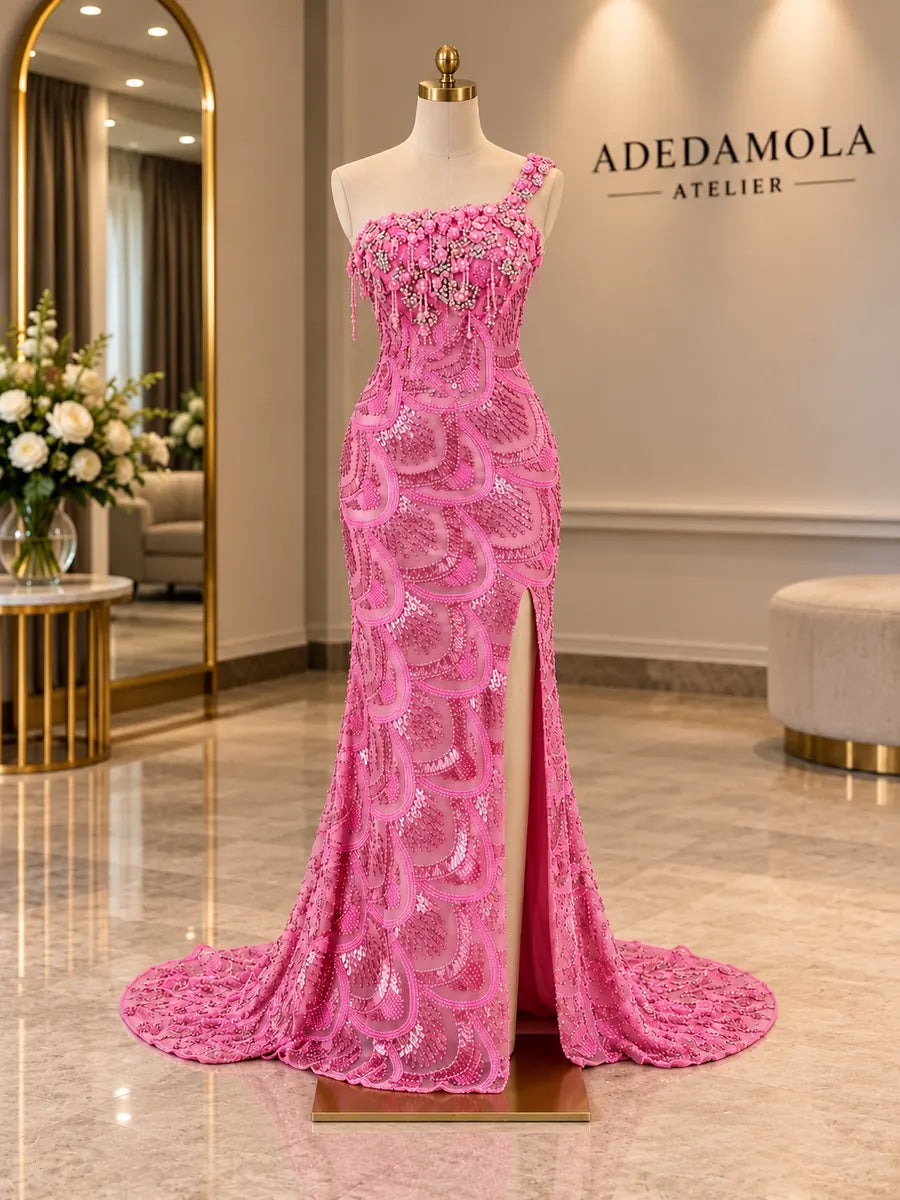 Full-length rose pink one-shoulder hand-beaded sequin gown with side slit