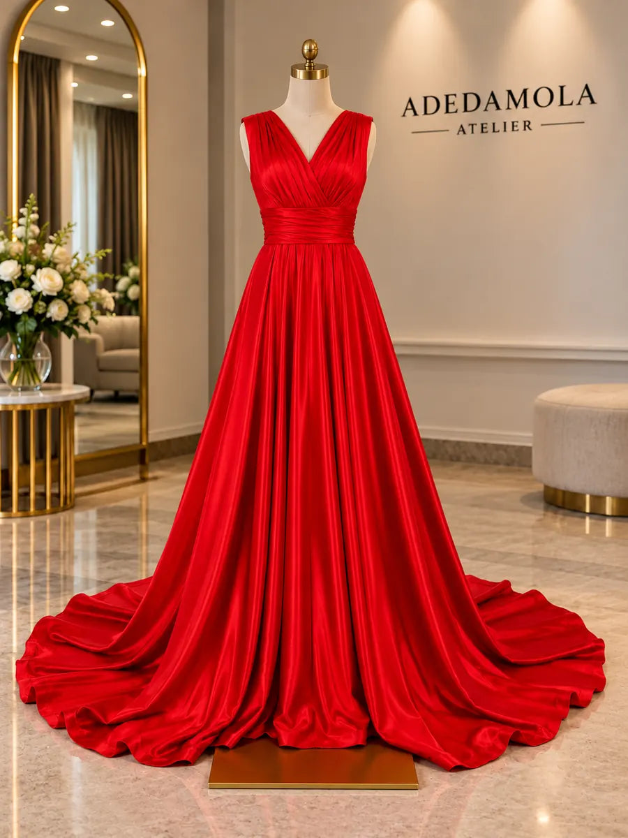 Full-length red satin gown with hand-pleated bodice and sweeping circular train