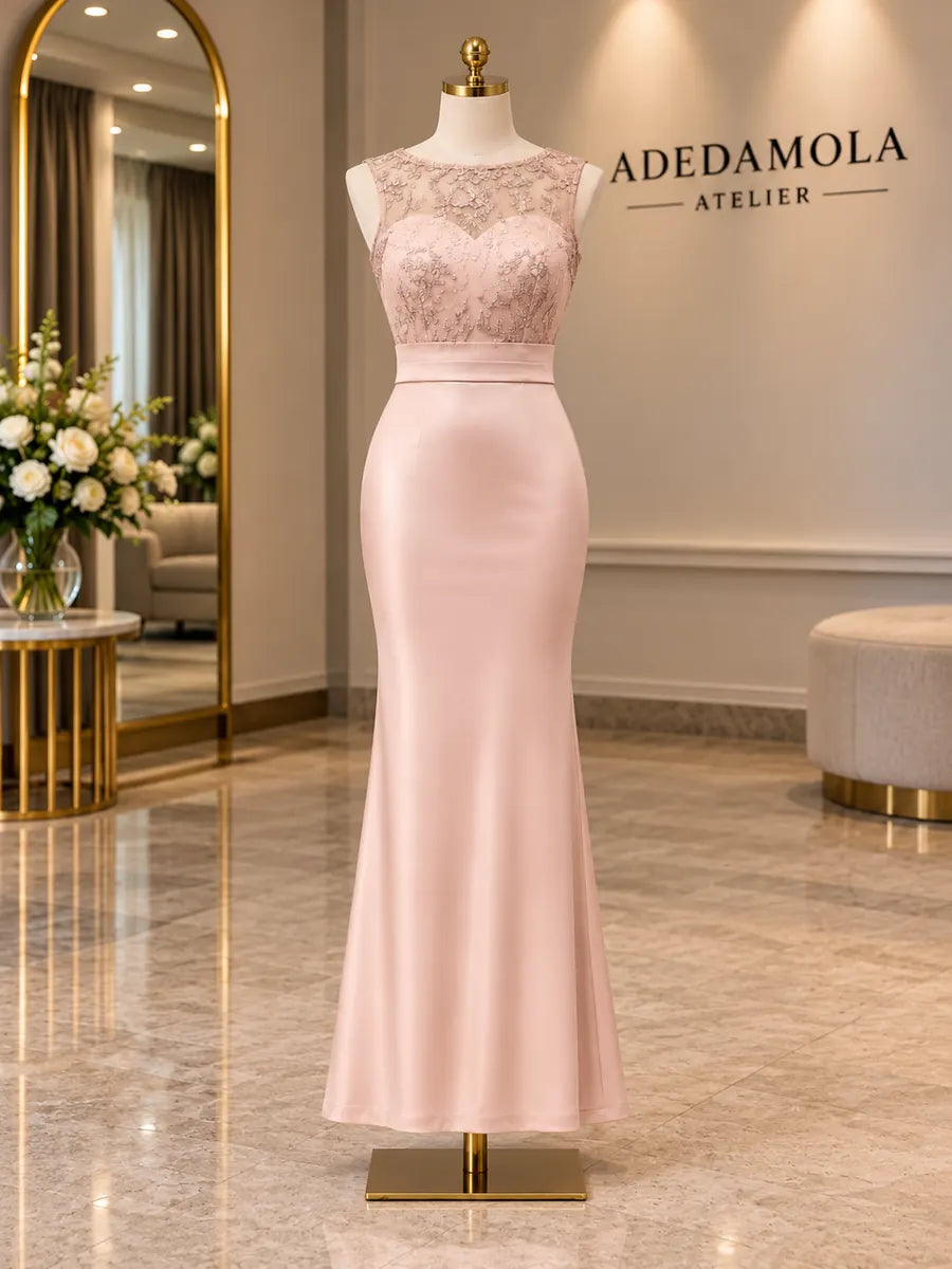 Full-length powder pink mermaid gown with beaded lace bodice and matte crepe skirt