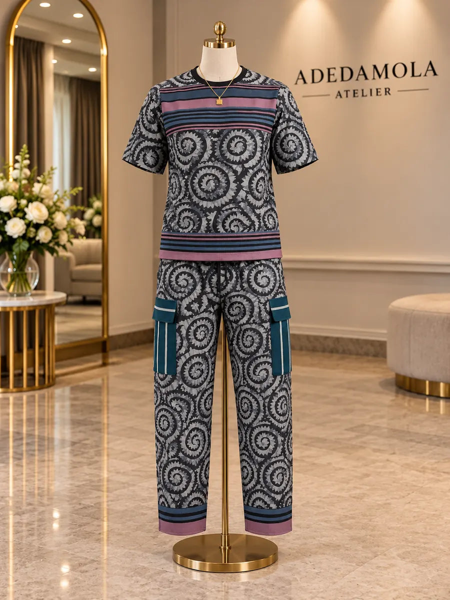 Full-length men’s patterned cotton co-ord with spiral motif and contrast striped panels