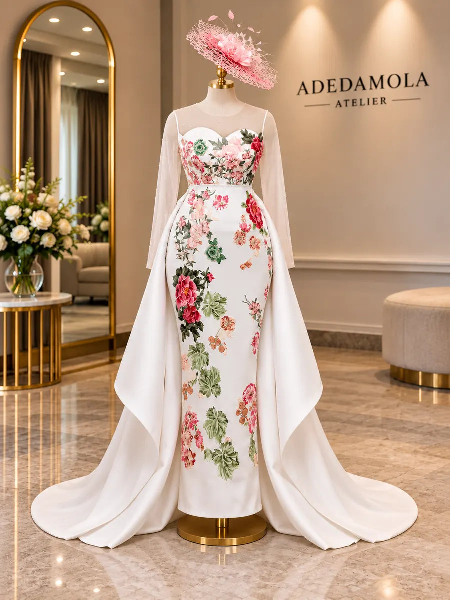 Full-length white mermaid gown with floral embroidery, sheer sleeves and detachable overskirt