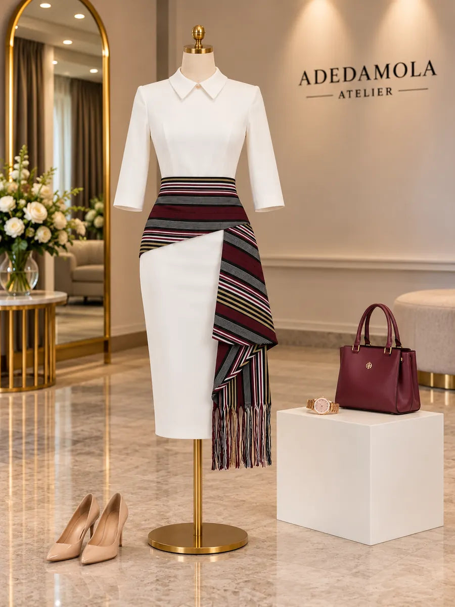 Full-length white fitted dress with hand-loomed striped fringe sash and burgundy accessories