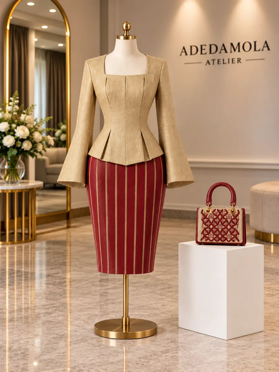 Full-length beige structured peplum jacket with bell sleeves and burgundy striped pencil skirt