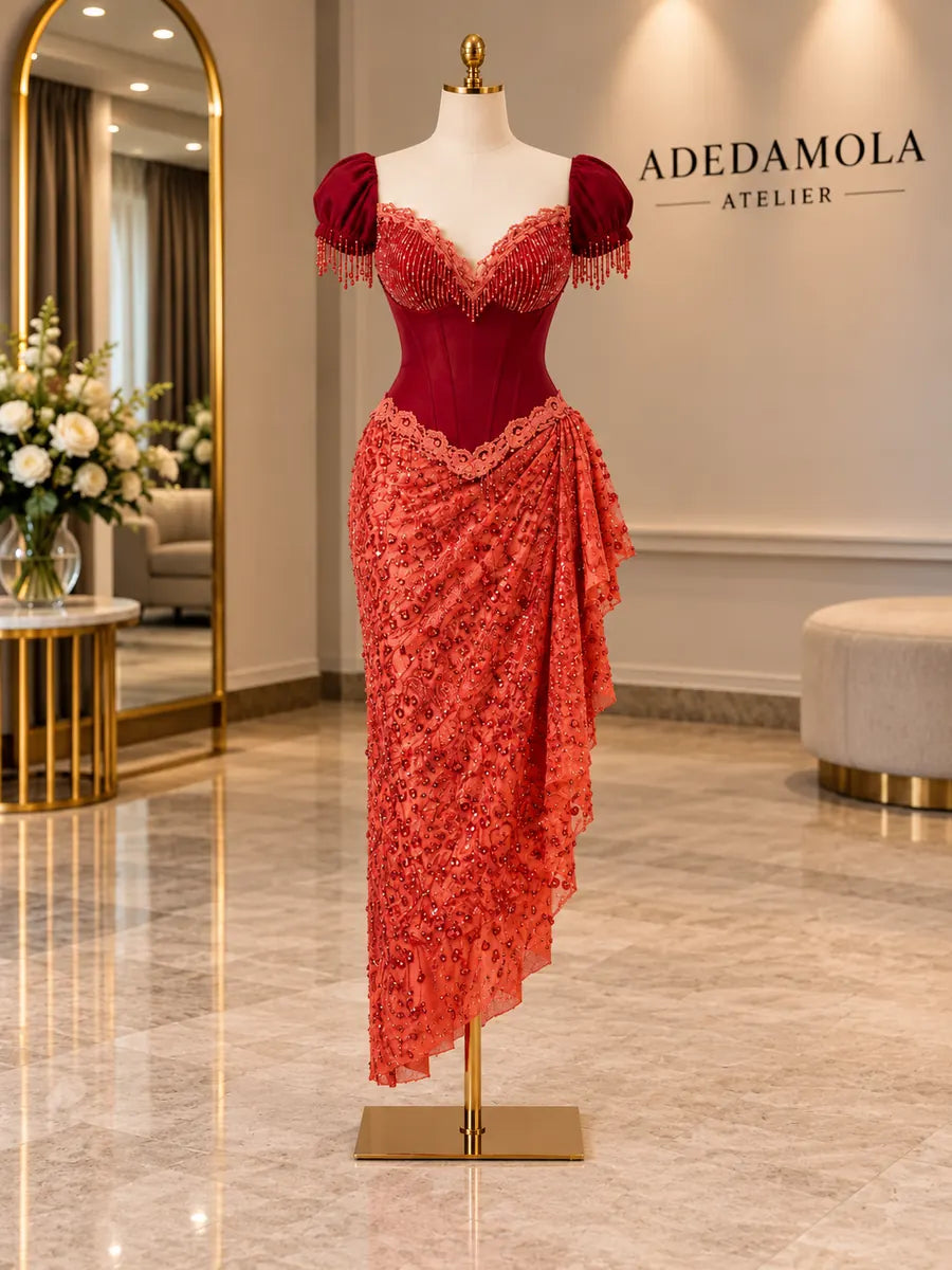 Full-length deep red and coral corseted gown with beaded fishtail skirt and puff sleeves