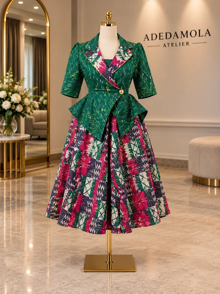 Full-length green peplum bodice and multicolour patchwork Ankara skirt