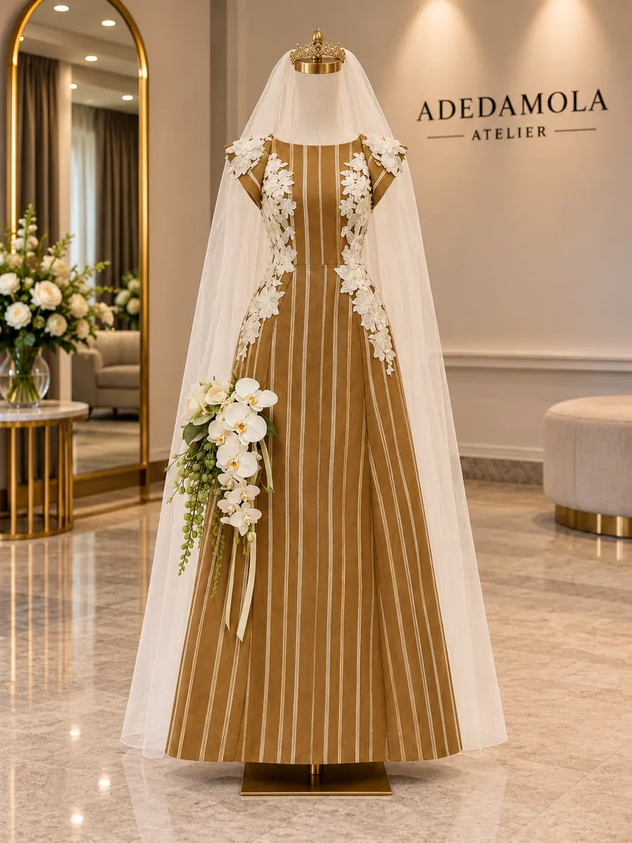 Full-length hand-loomed striped bridal gown with floral appliqué shoulders and cathedral veil
