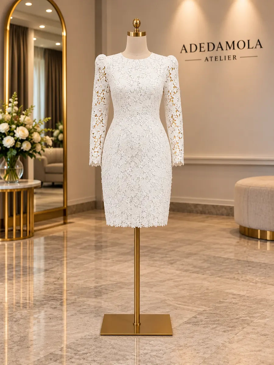 White long-sleeve guipure floral lace mini dress with exposed-shoulder neckline