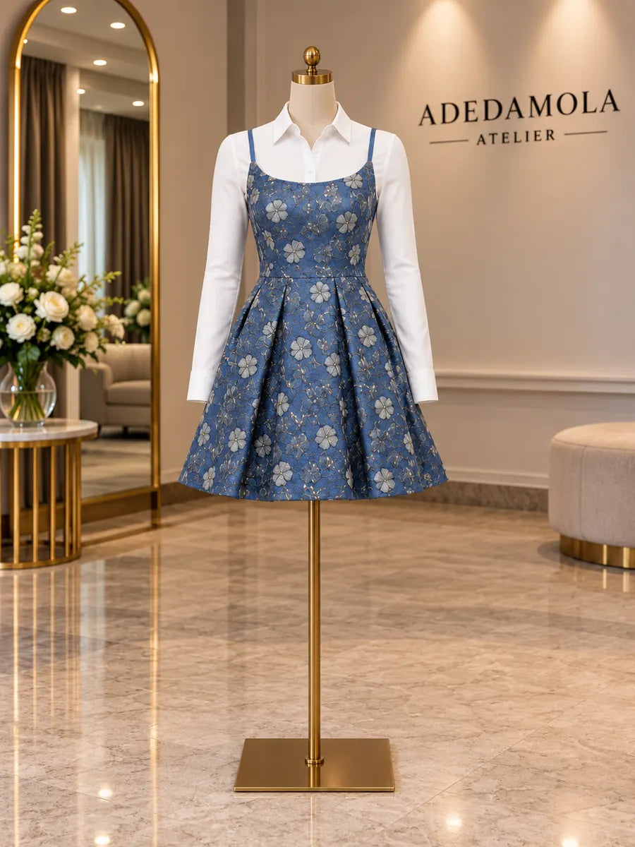 Blue floral jacquard box-pleated dress layered over a crisp white shirt