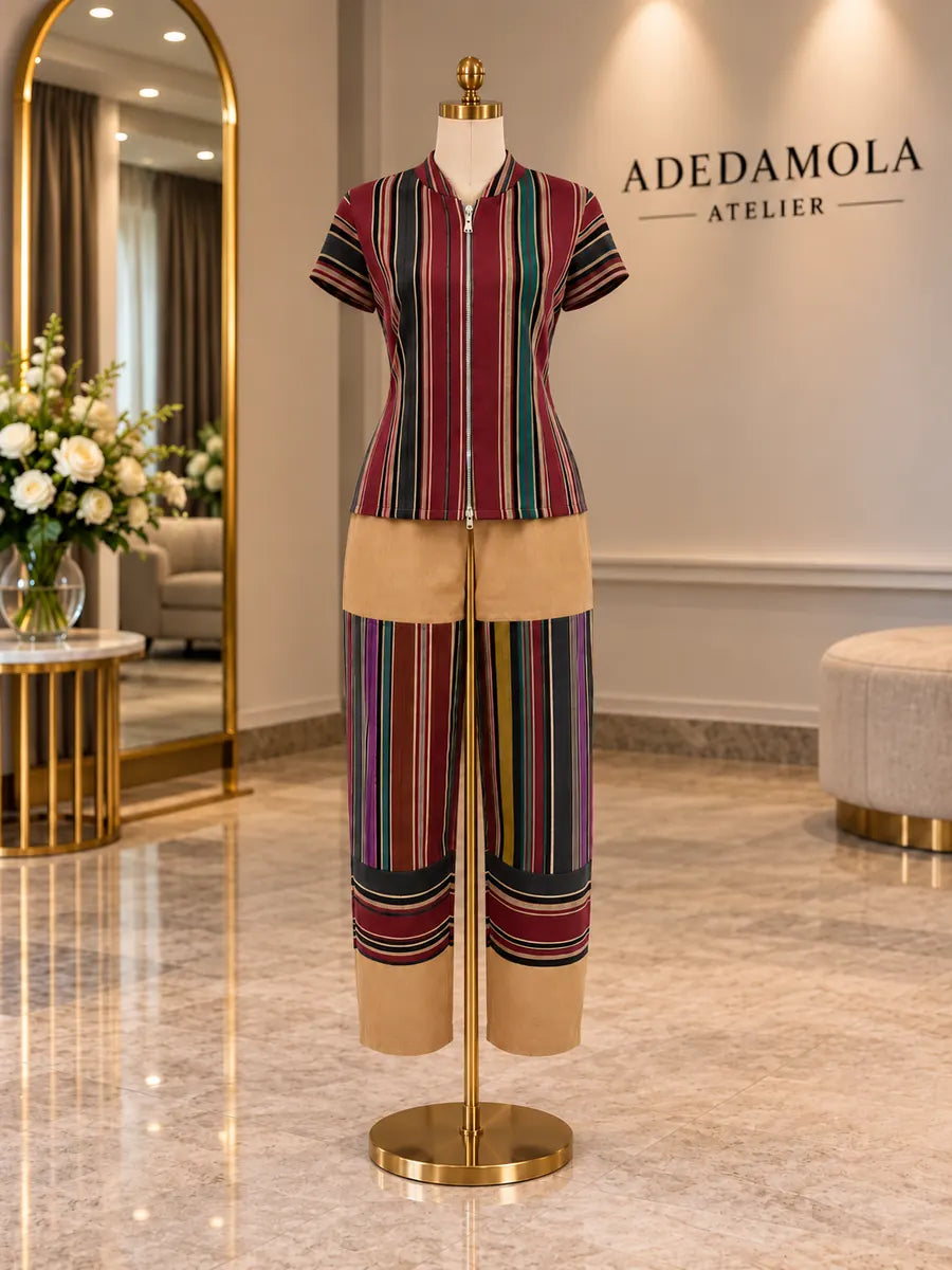 Full-length burgundy striped zip-front top and cropped colour-blocked trousers