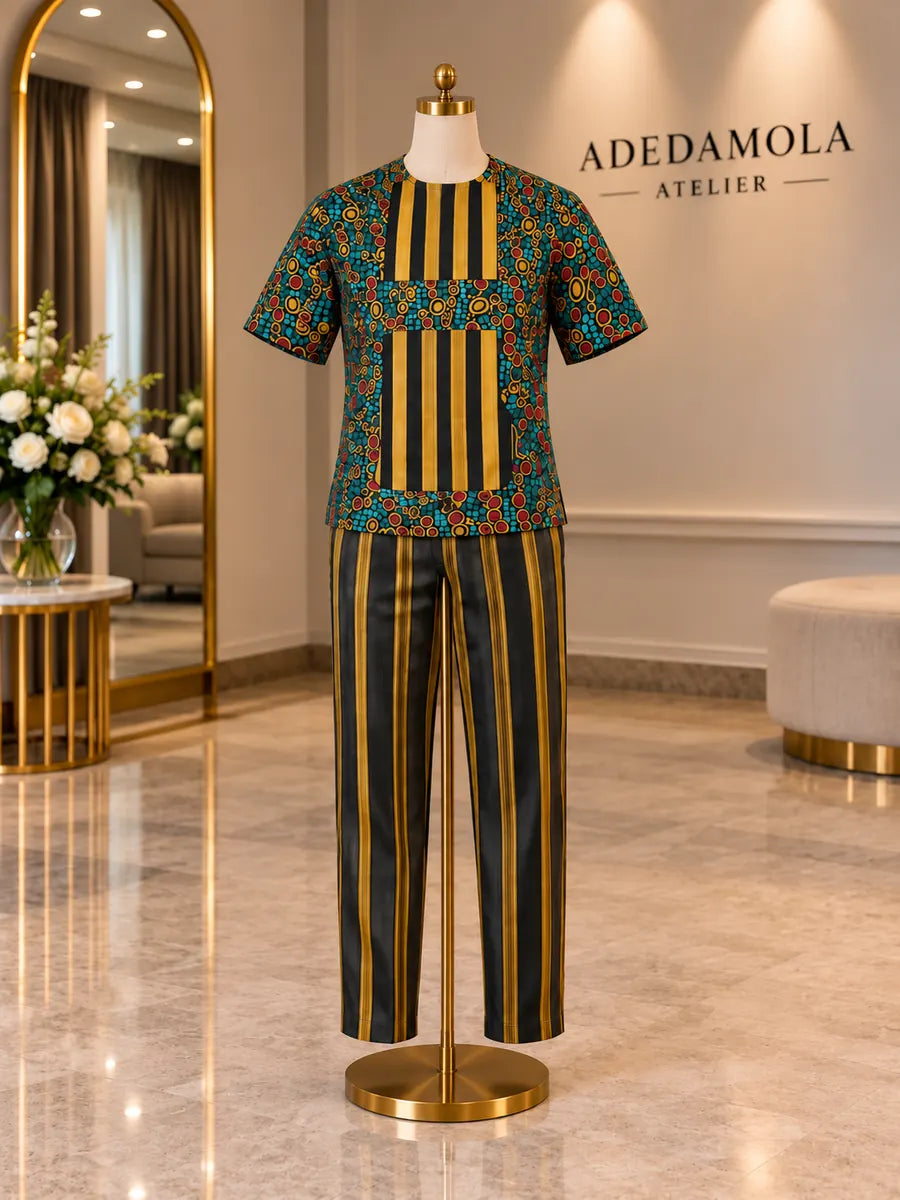 Full-length men’s mosaic-print Ankara top with hand-woven striped aso-oke trousers