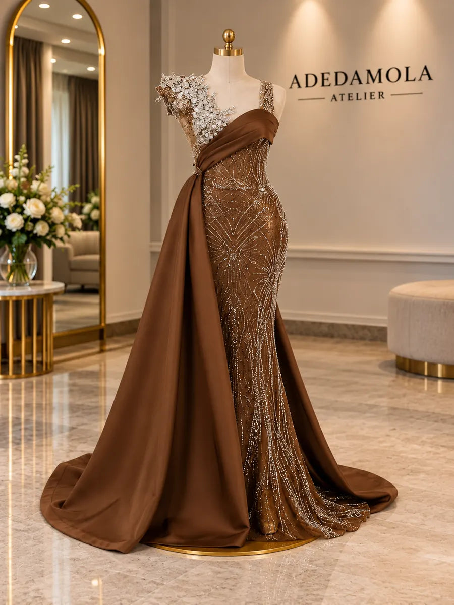 Full-length bronze hand-beaded one-shoulder mermaid gown with floral appliqué and satin train