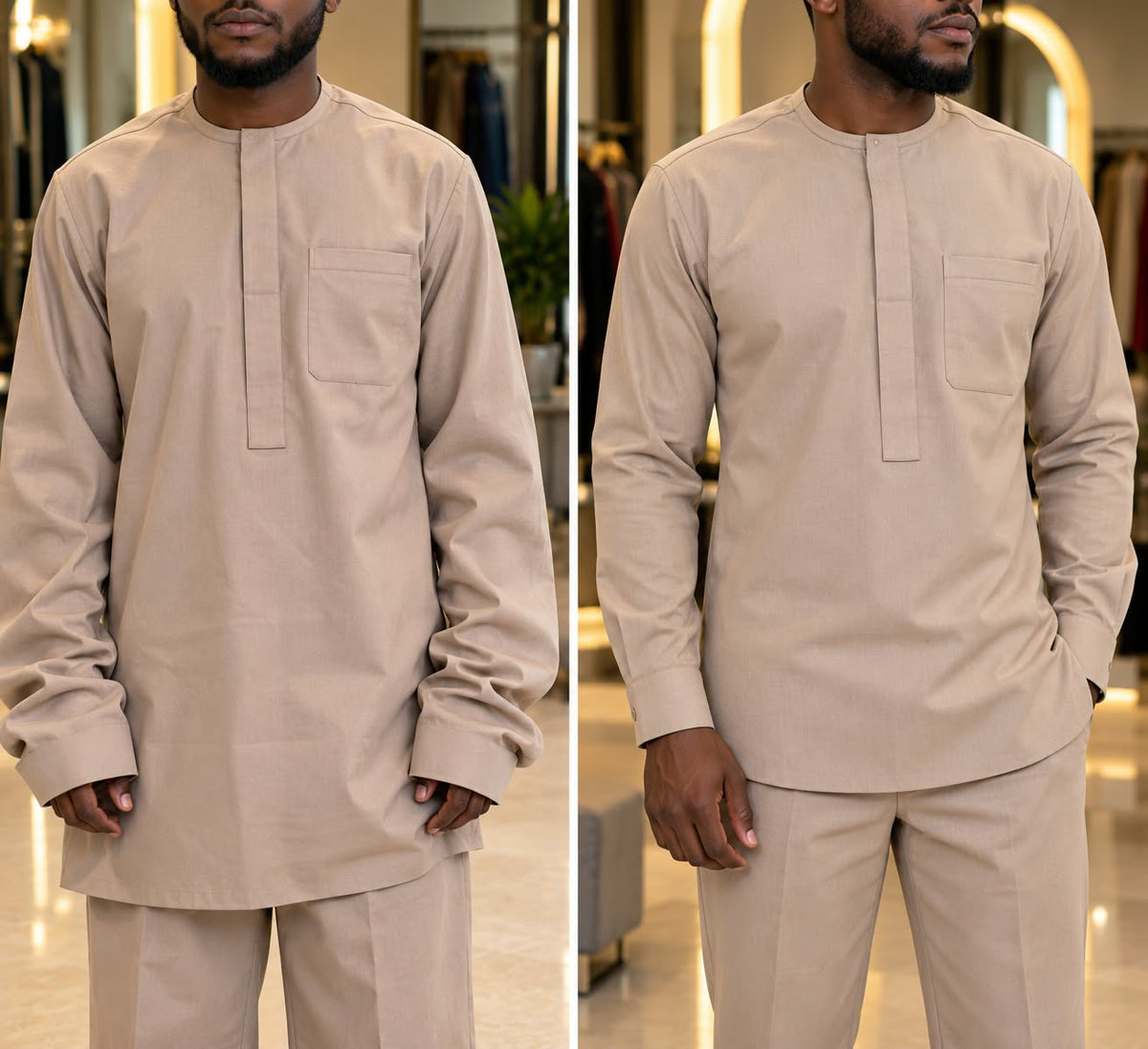 AI illustration: a beige tunic with loose fit and long sleeves on the left, and an example of a closer fit and shorter sleeves on the right.