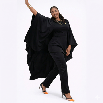 Model smiling in the Peace Women's 2-Piece Set by Adédàmọ́lá Atelier, wearing a solid black flowy draped top and matching trousers.