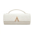 White Sovereign Evening Clutch Bag Front View by Adedamola Atelier - Formal Textured Handbag with Gold Emblem Edmonton Canada