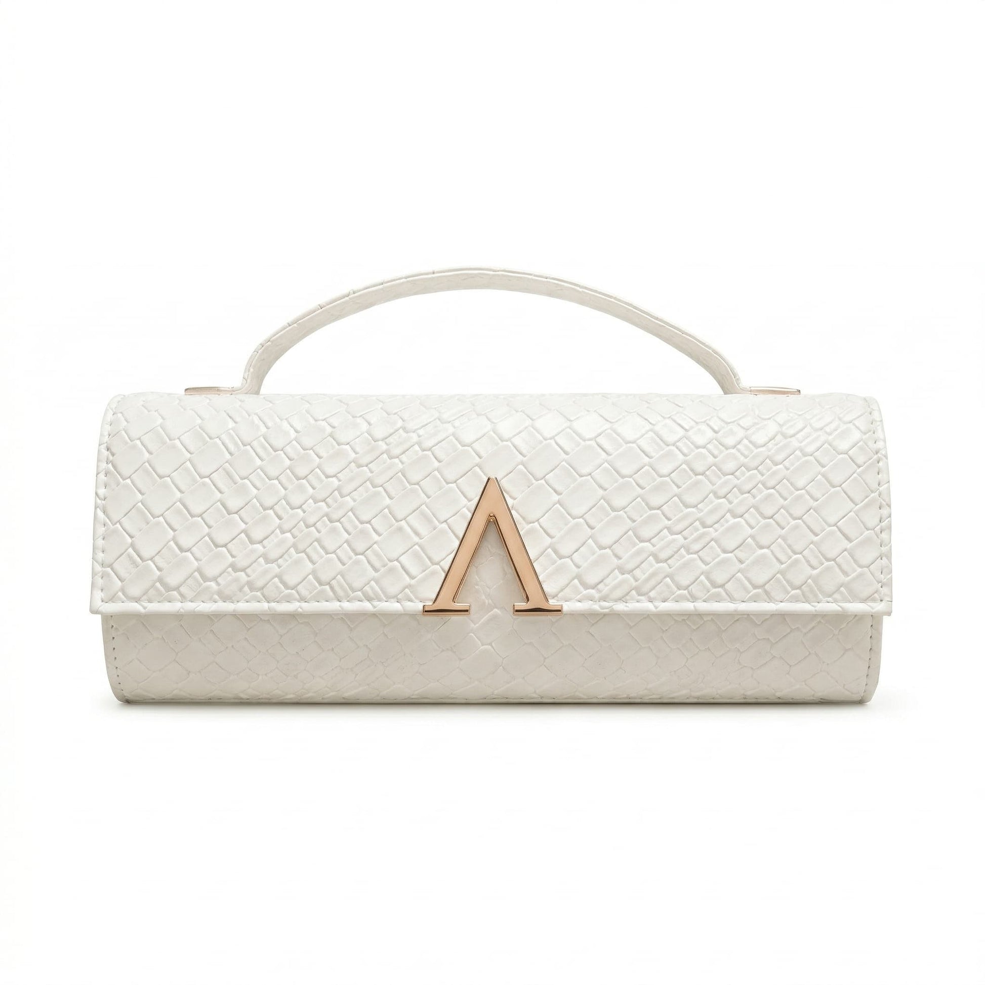 White Sovereign Evening Clutch Bag Front View by Adedamola Atelier - Formal Textured Handbag with Gold Emblem Edmonton Canada