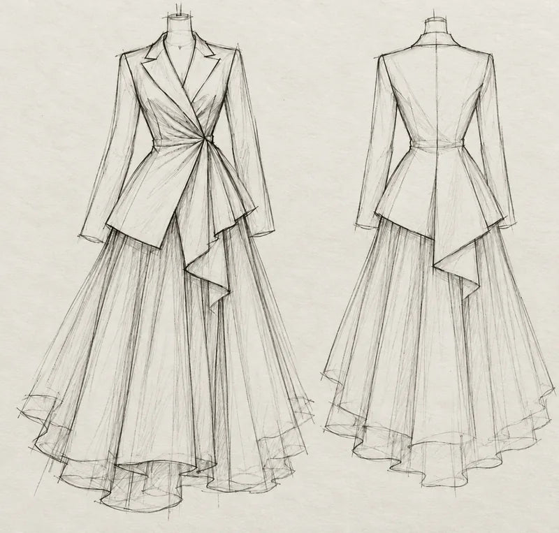 Front and back pencil sketch of a wrap jacket with an asymmetric peplum and a flowing skirt.